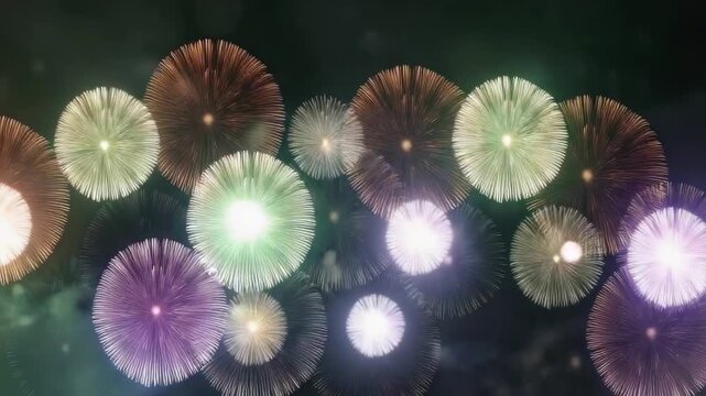 Stylized pyrotechnic bursts of green purple and brown illuminate a dark sky creating a vibrant overlapping display of radiating light