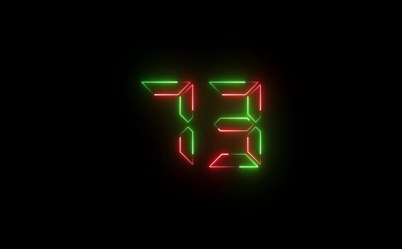 Glowing digital number seventy three with red and green neon lights on a dark black background