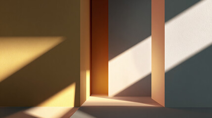 Abstract view of Sunlight and shadow casting across an interior's walls, highlighting the architectural detail and geometric forms