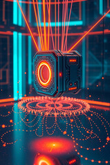 Futuristic cube hovers above a glowing, intricate circular pattern, illuminated by orange beams in a blue, geometric environment.