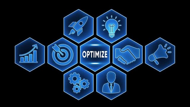 Business concept diagram with the word OPTIMIZE in the center surrounded by icons Keywords: business, optimize, concept, diagram, hexagon, icon, strategy, growth, target, idea, handshake