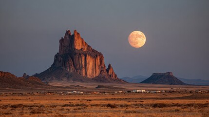 Shiprock monolith in new mexico under a full moon at dusk