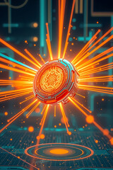 A glowing futuristic device radiates energy across a digital circuit board.