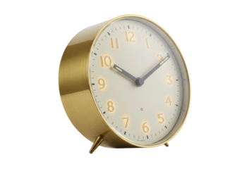 Isolated gold-tone alarm clock with hour and minute hands showing the time on a neutral face