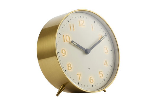 Isolated gold-tone alarm clock with hour and minute hands showing the time on a neutral face