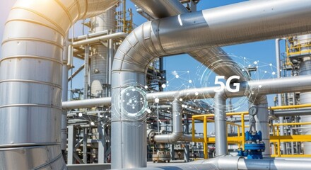 Industrial plant pipes with overlaid 5G network graphic