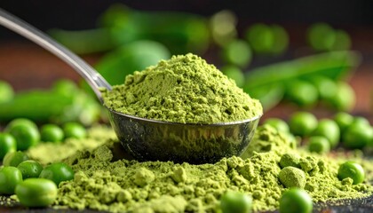 A metal ladle full of vibrant green pea protein powder, surrounded by fresh peas on a dark, rustic wooden table