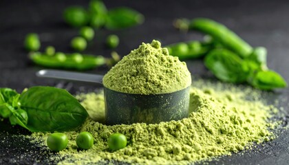Vibrant green plant-based powder in a scoop, surrounded by fresh organic peas and basil, symbolizing healthy nutrition and a natural dietary supplement for a wholesome lifestyle