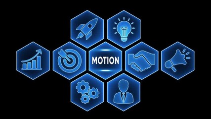 Business concept diagram with word MOTION in center and icons of growth chart rocket lightbulb handshake gears businessman and megaphone on black background - Powered by Adobe