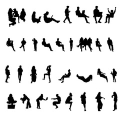 A premium collection of 32 modern silhouettes of men and women in everyday poses - sitting, walking, talking, reading, and using devices.