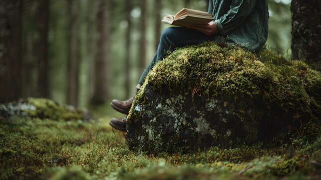 Person sits on moss covered rock reading an open book amidst dense woodland