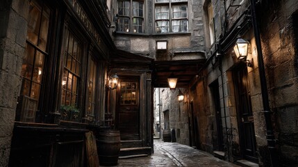 Fototapeta premium Scotland Alleyway: Discovering the Eerie and Scary Ambiance of an Old Traditional Pub, The Tolbooth Tavern in Edinburgh