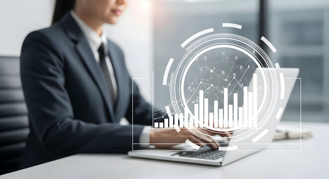 Businesswoman analyzes financial data on a laptop with digital interface showcasing graphs and charts for market analysis investment strategies economic forecasting future - Powered by Adobe