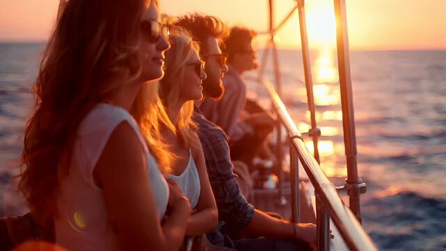 A group of people on a boat during sunset, with the sun casting a warm, golden hue over the scene. The boats railing is visible, and the water is calm, reflecting the skys colors.