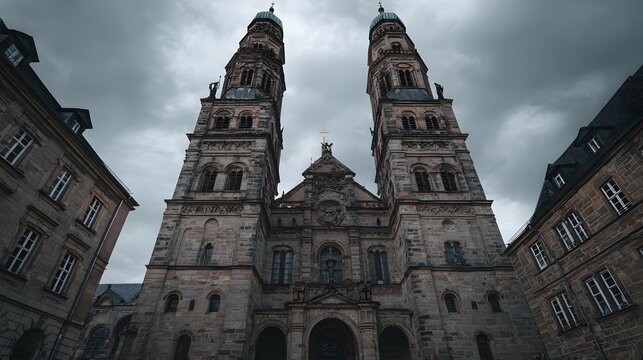 Imposing stone cathedral facade and flanking buildings rise dramatically beneath a dark, brooding sky