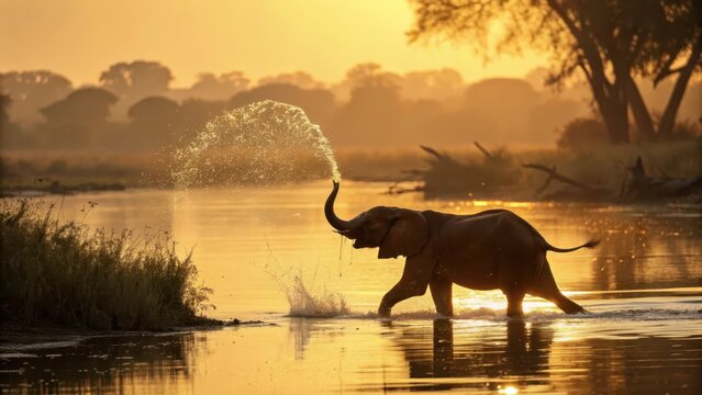 Baby Elephant Splashing Water at Sunset in a Calm River