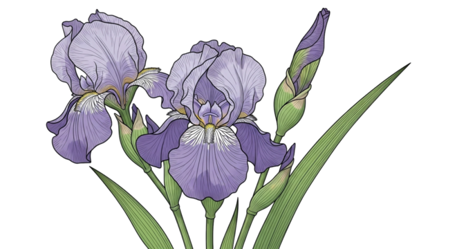 Illustration of purple iris flowers and buds isolated on transparent background in a vintage style design for cards and invitations - Powered by Adobe