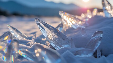 Obraz premium Macro Shot Of Ice Crystals Reflecting Rainbow Light On Snow Surface Natural Winter Scene With Glowing Frozen Shards