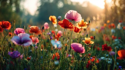 Vibrant poppies bloom in a sundrenched meadow during golden hour