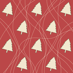 A seamless Christmas pattern featuring stylized Christmas trees arranged along curved, ski-like paths