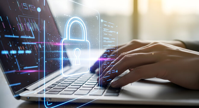 Cybersecurity protection concept with a padlock icon and hands typing on a laptop illustrating data encryption network security and digital privacy emphasizing technology safety