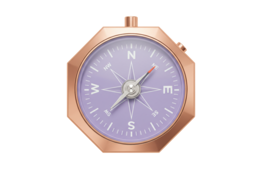 Isolated Rose-Gold Compass Showing East, Rose Gold Octagon Compass for Adventure and Navigation