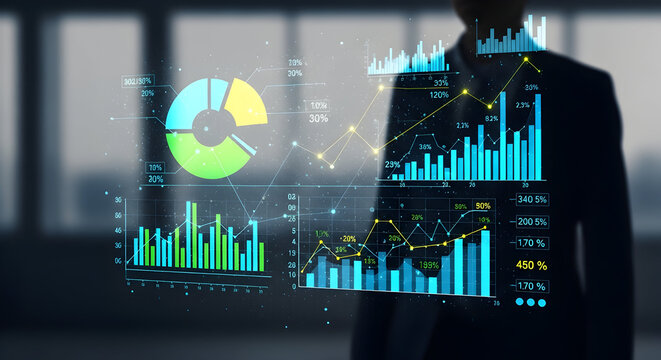 Business strategy data visualization with an executive in suit in background showcases dynamic graphs and charts for financial analysis and strategic planning demonstrating