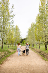 Obraz premium Women couple strolling with their pet dog in a green park environment
