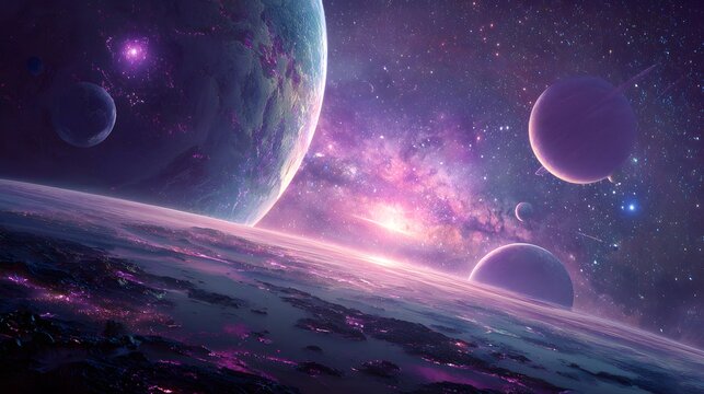 Distant celestial bodies and planetary landscapes illuminate a vivid nebula filled cosmos