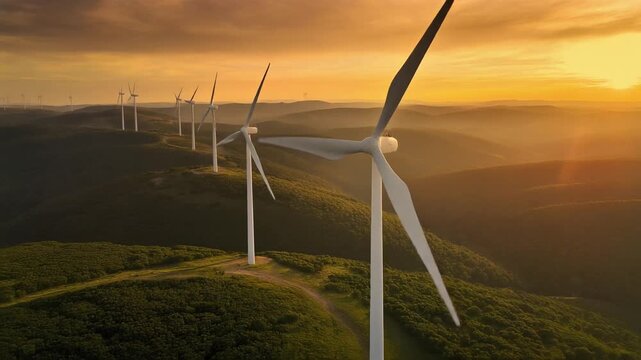  Aerial cinematic drone footage of wind turbines spinning gracefully over green hills, golden sunrise light, renewable energy landscape, calm slow motion,