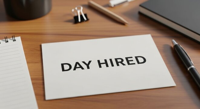 Office scene with "DAY HIRED" note, office supplies on wood table - Powered by Adobe