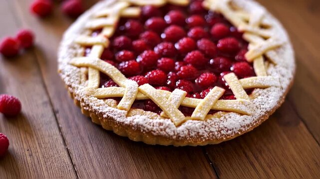 A close-up of a raspberry pie with a lattice top, dusted with powdered sugar, resting on a wooden table