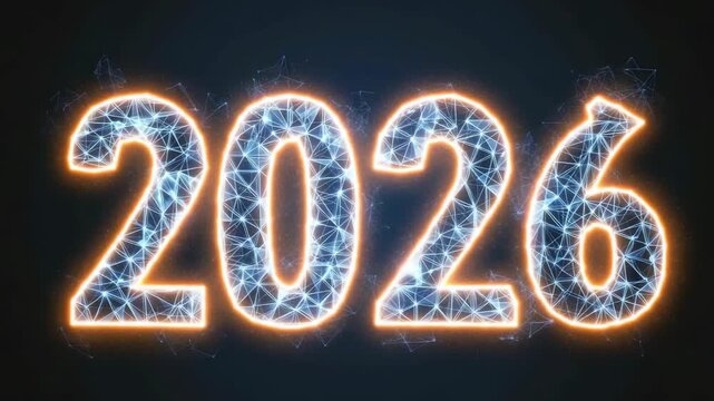 The number 2026 with a glowing orange outline and a blue interconnected network pattern on a dark background