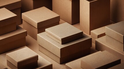 Arrangement of various sized plain brown cardboard boxes fills the scene in warm lighting