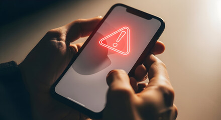Human hands holding a smartphone with a red triangle warning sign on the screen indicating potential issues such as security threats or network problems requires user action for
