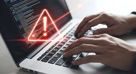 Typing on Laptop with Glowing Exclamation Point Represents Security Threat Online System Vulnerability Digital Risk and Cyberattack Warning Symbol on Screen Demonstrating Caution