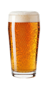 Refreshing pint of golden beer with frothy head in a clear glass isolated on transparent background for a perfect drink