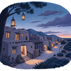 Peaceful adobe village at twilight with glowing lantern lights