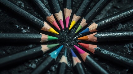 Colorful pencils circle with black bodies on textured background, representing art and creativity
