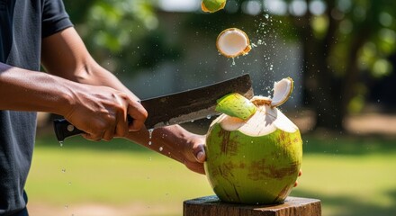 Person chopping open a fresh green coconut with a large knife