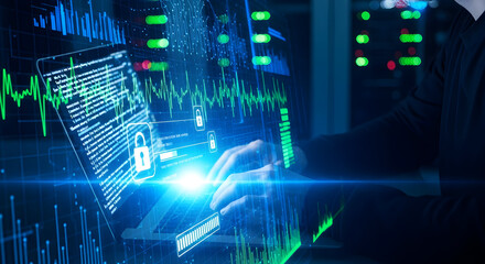Man working on computer with security and data visualization graphics digital future of technology and business professional analyzing financial charts and coding cyber security