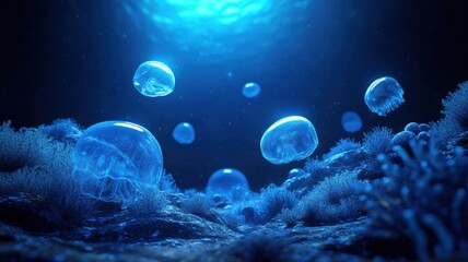 Underwater alien planet environment with glowing corals and floating jelly-like structures
