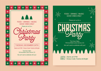 Vintage Christmas party invitation templates with festive elements in red and green colors.