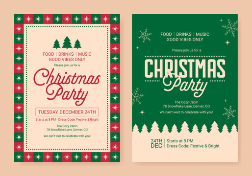 Vintage Christmas party invitation templates with festive elements in red and green colors.