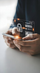 Man holding smartphone displays security app interface with padlock icon showcasing mobile privacy protection online banking data safety personal information secure access for