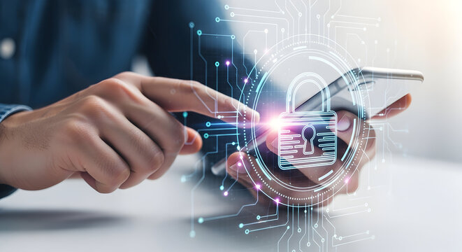 Mobile phone security with digital padlock and circuit pattern overlaid symbolizing data protection modern technology and hands holding a smartphone securing personal information