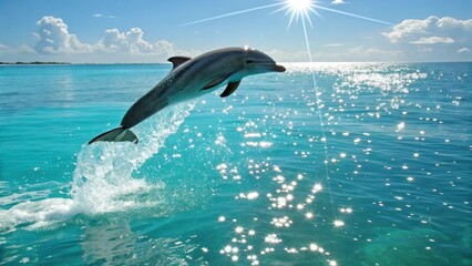 Dolphin leaping from the ocean with bright sunlight