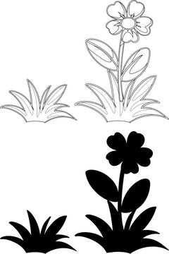 A black and white illustration showing a flower and grass as both outlines and solid black silhouettes.