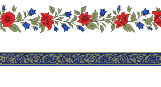 Floral border with red roses and blue bellflowers isolated on transparent background, a decorative element for design and decoration