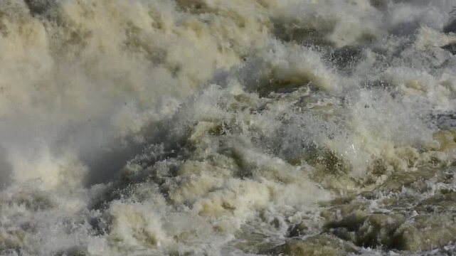 Movement of a large and rapid volume of water during a flood in France.